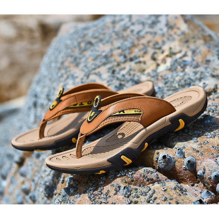 Men's Flip Flops Genuine Leather Summer Breathable Non-slip Platform Outdoor Beach Slippers