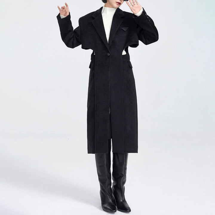 Elegant Woolen Overcoat with Waist Cut-Out