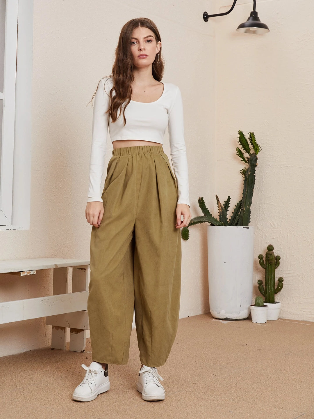 High-Waist Cotton Casual Trousers with Pockets - Loose Fit Autumn Pants