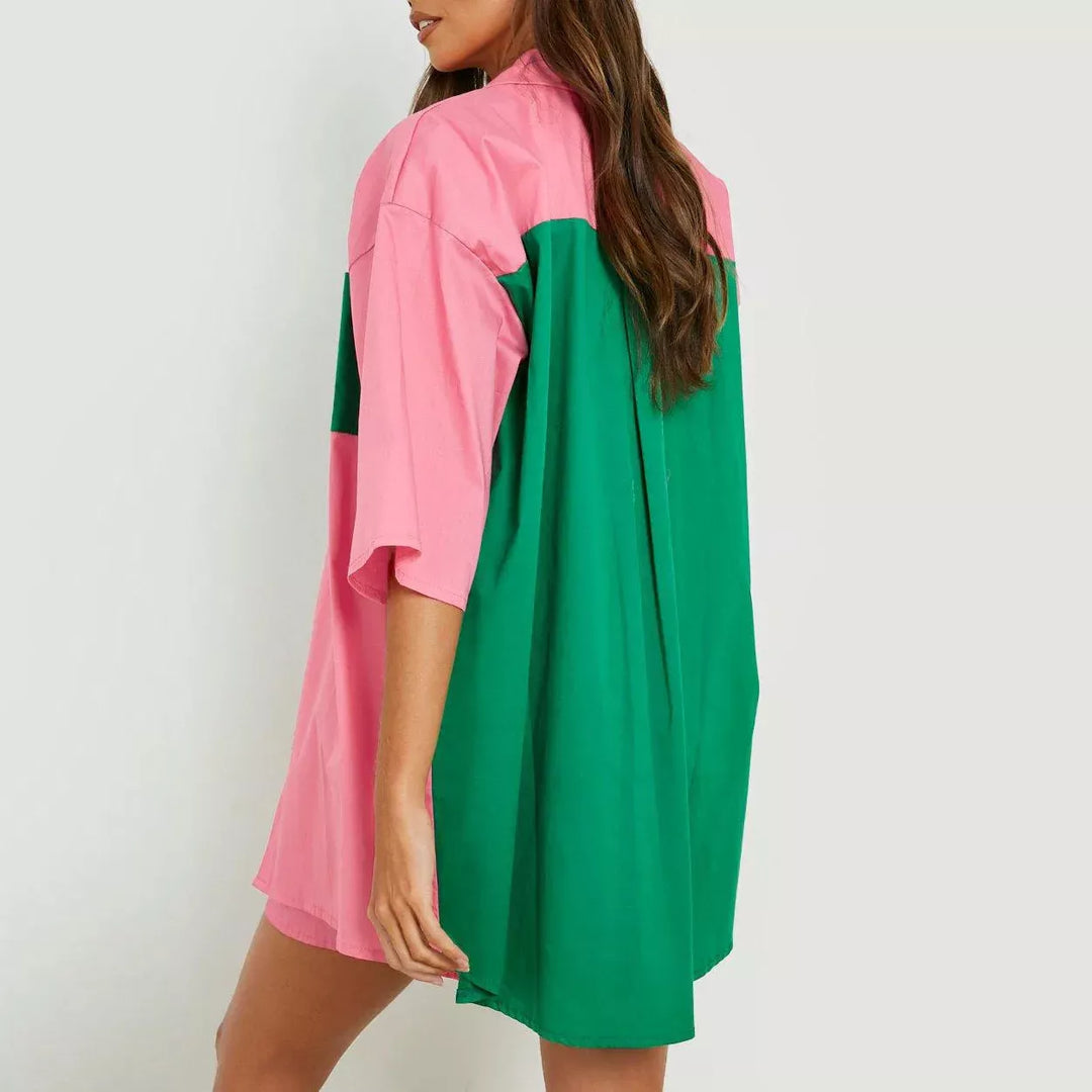 Summer Spliced Cotton Two-Piece Set: Oversized Shirt and Wide-Leg Shorts