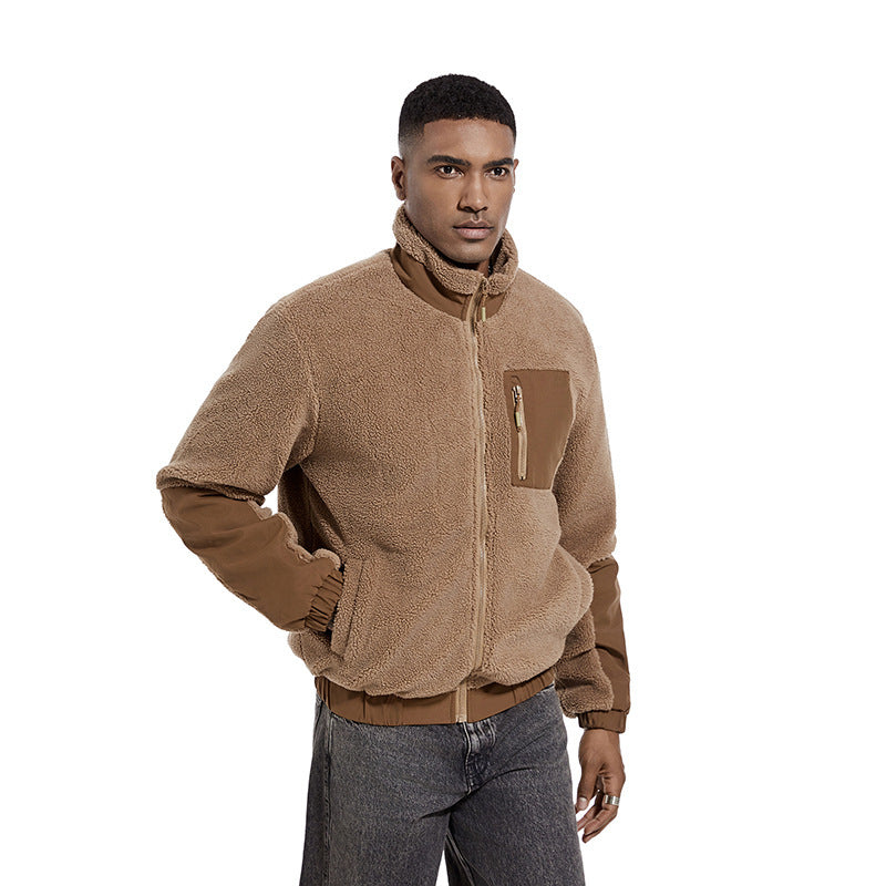 Men's Standing Collar Solid Color Fleece Jacket