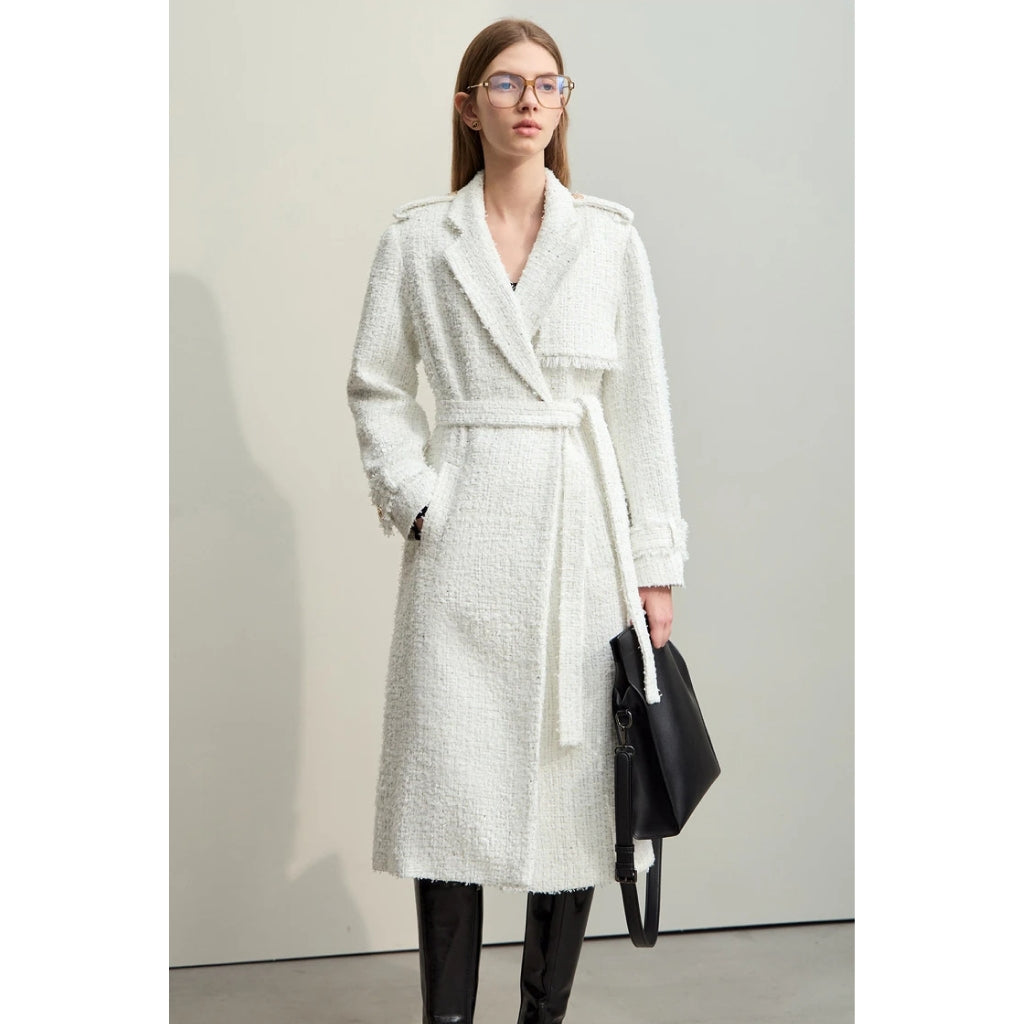 Elegant Women's Long Tweed Woolen Coat with Belt