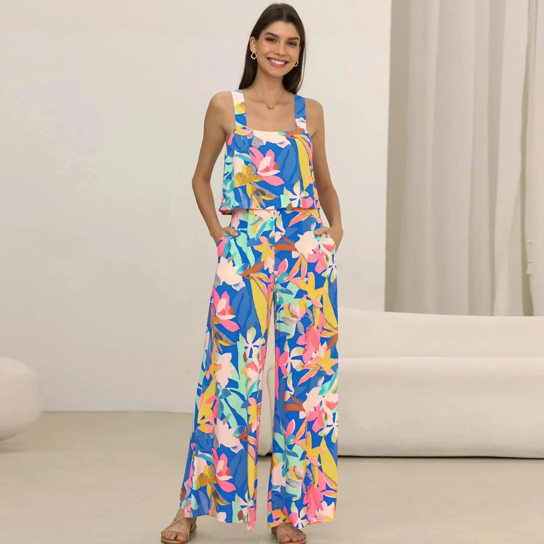Chic Paisley Print Wide Leg Jumpsuit with Suspender Top Set - Women&
