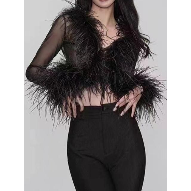 Women's Deep V-Neck Lacing Strap Cardigan with Feather Sleeves