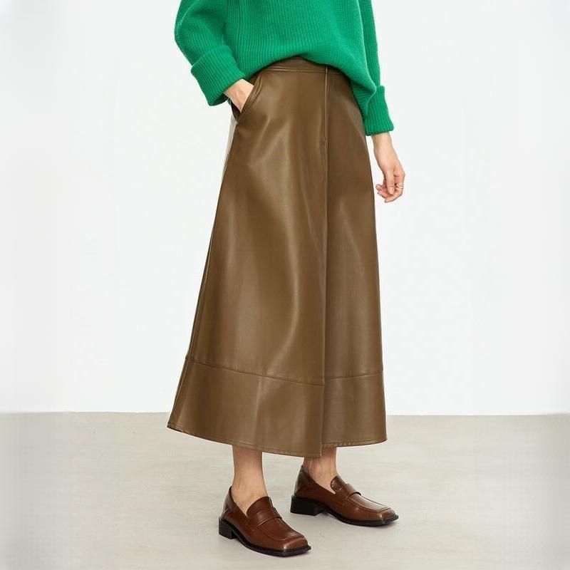 Long A-Line PU Skirt with Button Detail