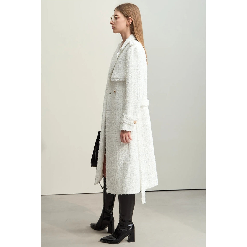 Elegant Women's Long Tweed Woolen Coat with Belt