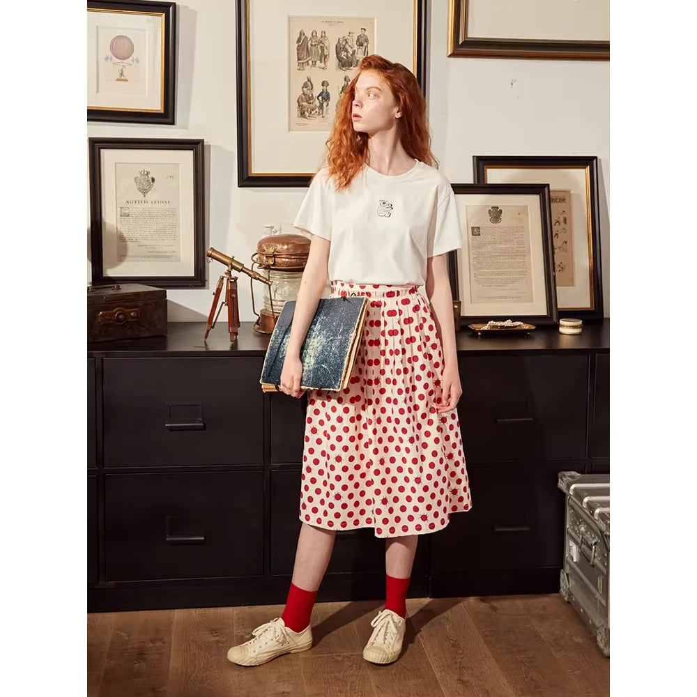 Women's Polka Dot A-line Cotton Skirt with Elastic Waist and Button Decoration