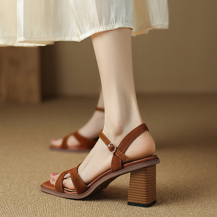 Chic Open Toe Leather Sandals with Chunky Heel