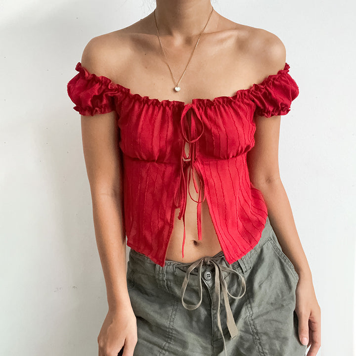 All-match Short Sleeve Puff Sleeve Hot Girl Tied Top Women