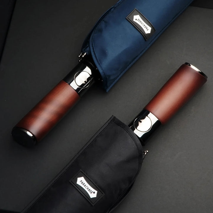 Automatic Windproof Men's Folding Umbrella with Wooden Handle