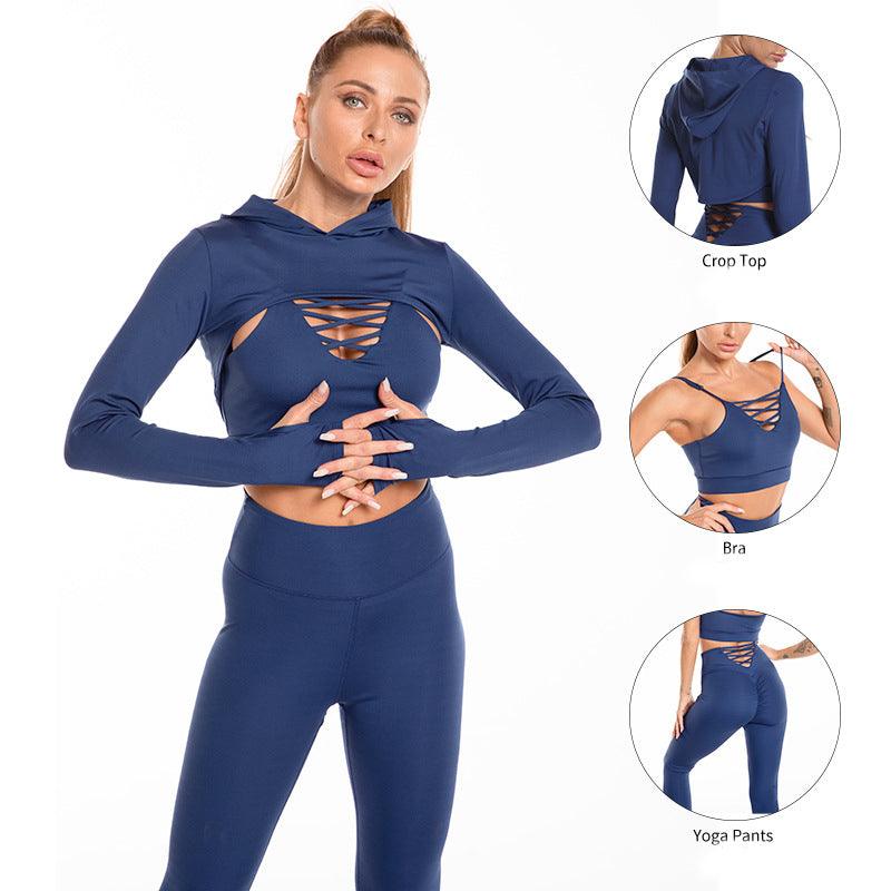3pcs Sports Suits Long Sleeve Hooded Top Hollow Design Camisole And Butt Lifting High Waist Seamless Fitness Leggings Sports Gym Outfits Clothing - Trendha