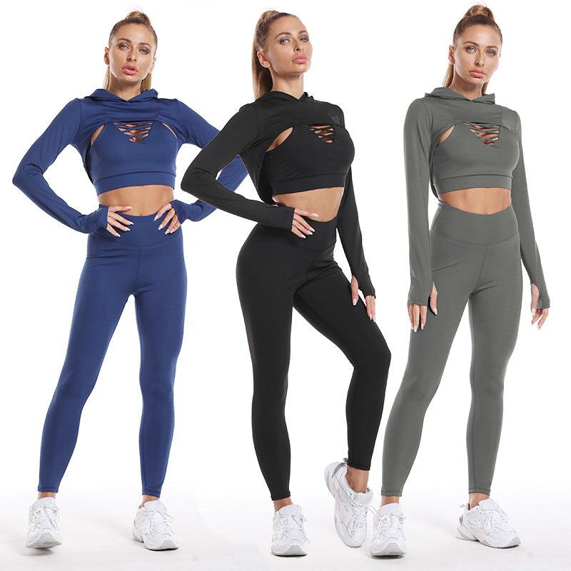 3pcs Sports Suits Long Sleeve Hooded Top Hollow Design Camisole And Butt Lifting High Waist Seamless Fitness Leggings Sports Gym Outfits Clothing - Trendha
