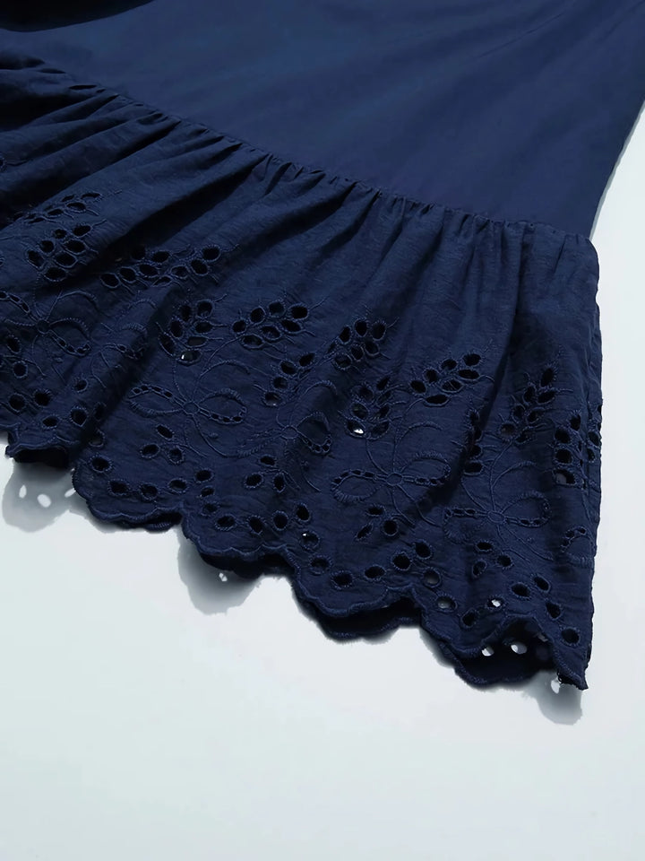 Blue High Waist A-line Cotton Lace Summer Skirt