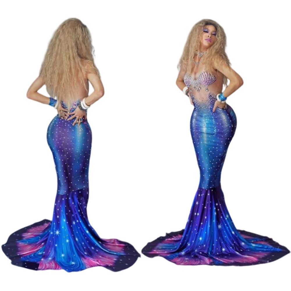 Mermaid Costume Blue Piranha Female Singer Hot Drilling