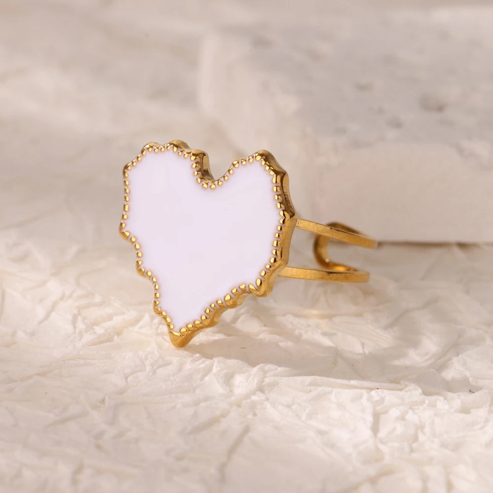 White Enamel Heart Stainless Steel Ring – Trendy, Elegant Jewelry