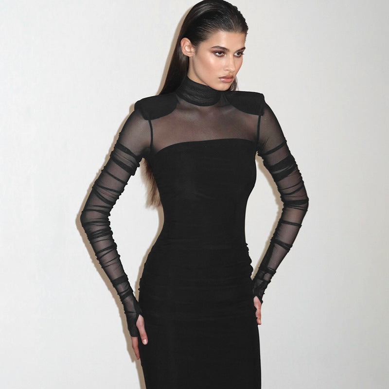 Mesh Stitching Finger Fit Design Long Sleeve Turtleneck Slim-fit Sheath Dress