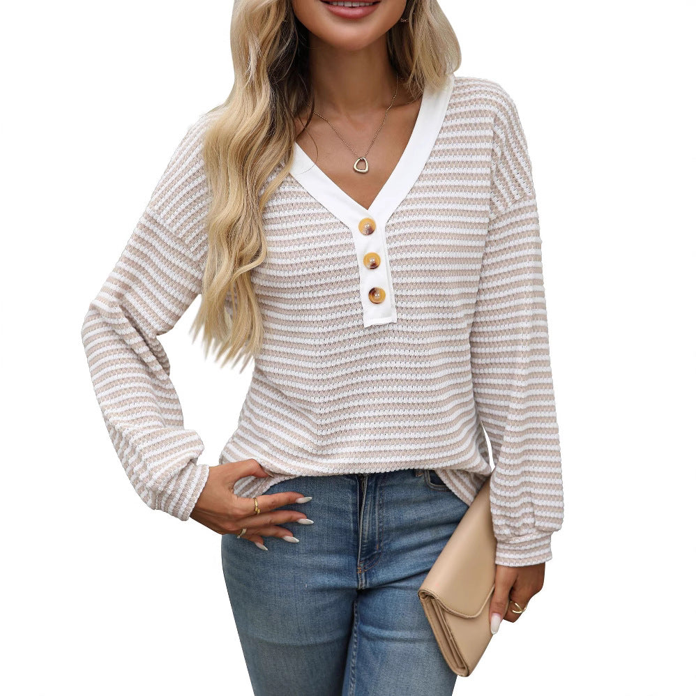 Women's V-neck Buttons Pullover Patchwork Casual Long-sleeved Top