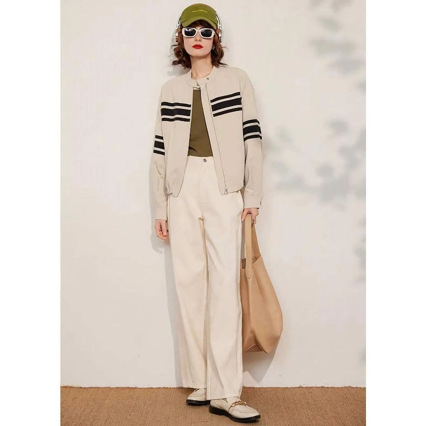 Spring Women's Loose Fit Striped Jacket with Contrast Colors