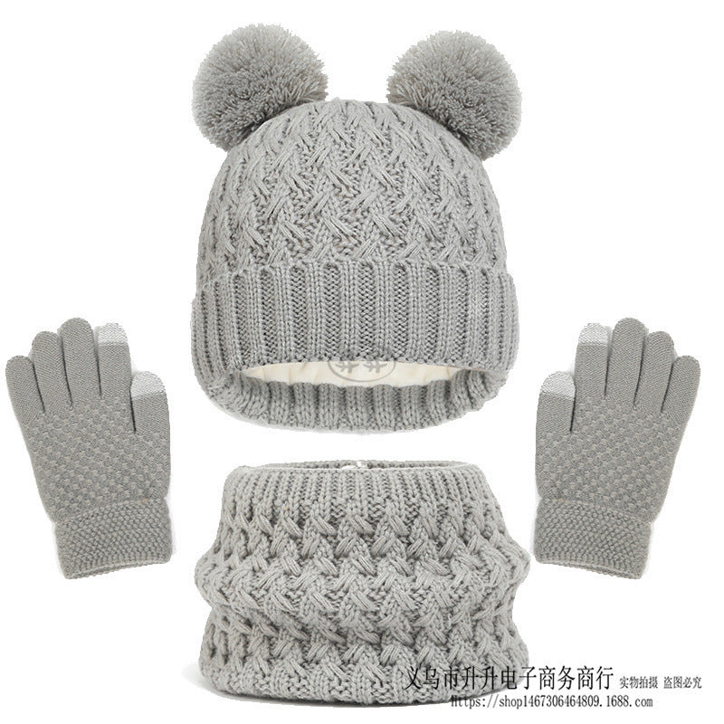 Children's Autumn And Winter Fleece-lined Thickened Double Ball Hat Scarf Gloves Three-piece Set