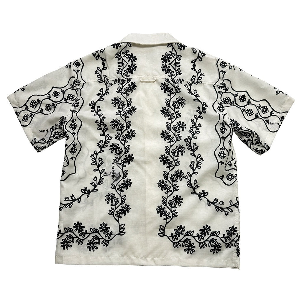 Vine Plant Printed Single-breasted Lapel Short Sleeve Shirt