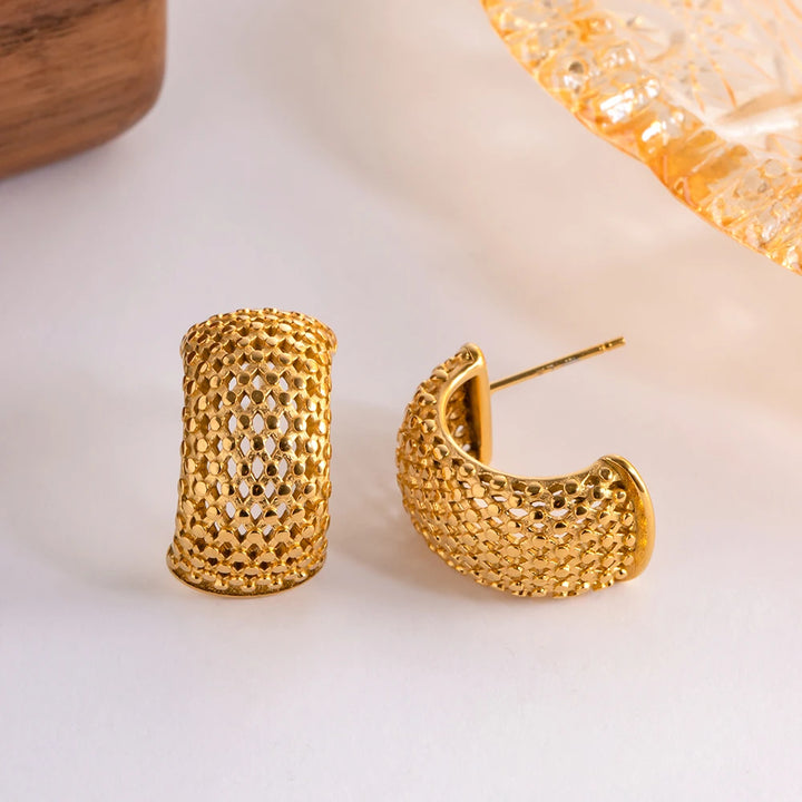 18K Gold Plated Stainless Steel C-Shaped Mesh Earrings