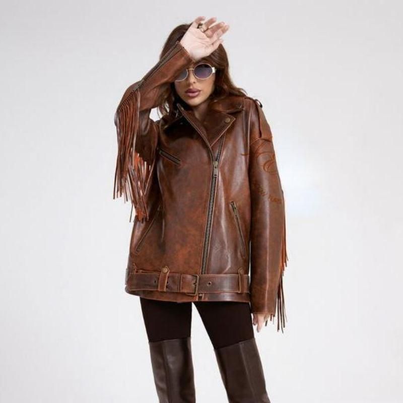 Stylish Oversized Faux Leather Jacket with Tassels for Women
