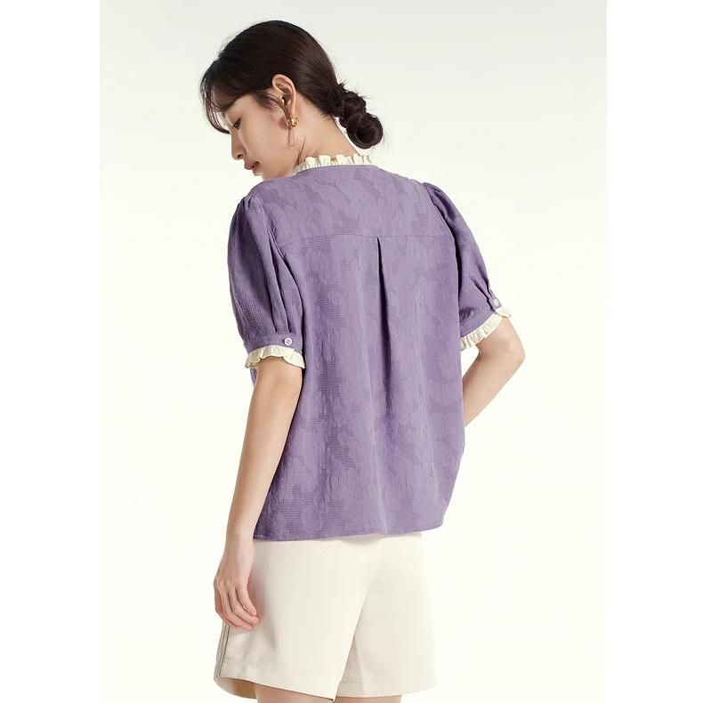 Summer Puff Sleeve Lace Neckline Blouse