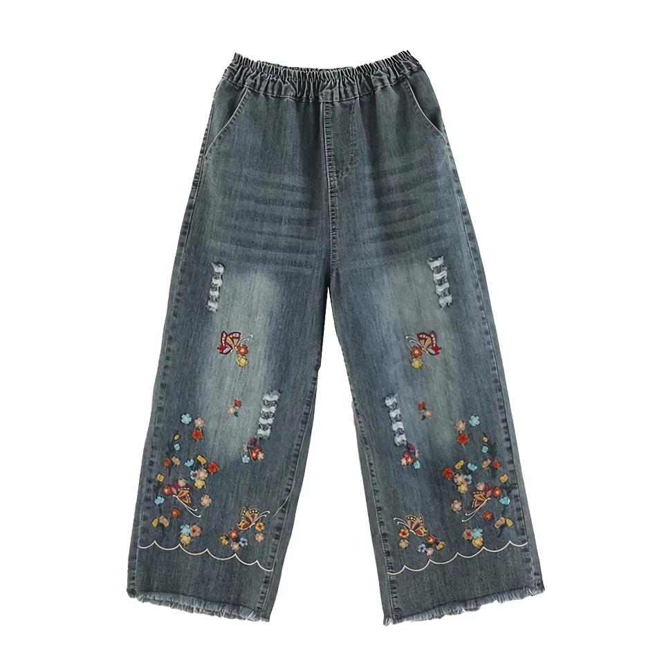 Boho Style Embroidered Wide Leg Denim Pants