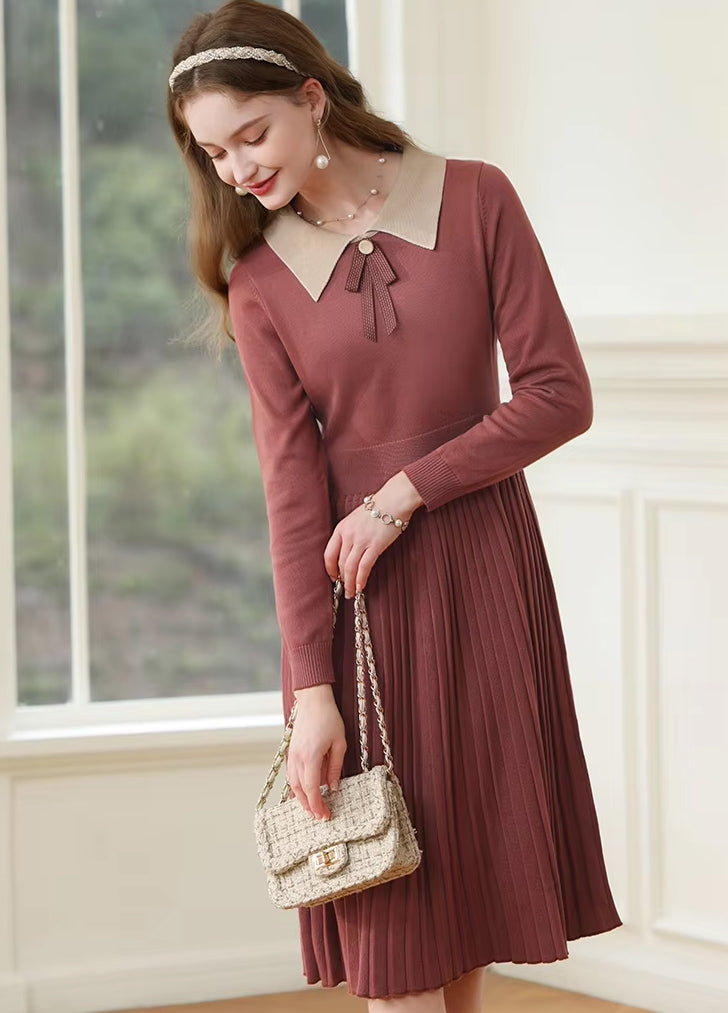 Winter Pleated A-Line Knit Dress with Bow Waist Fairycore Style