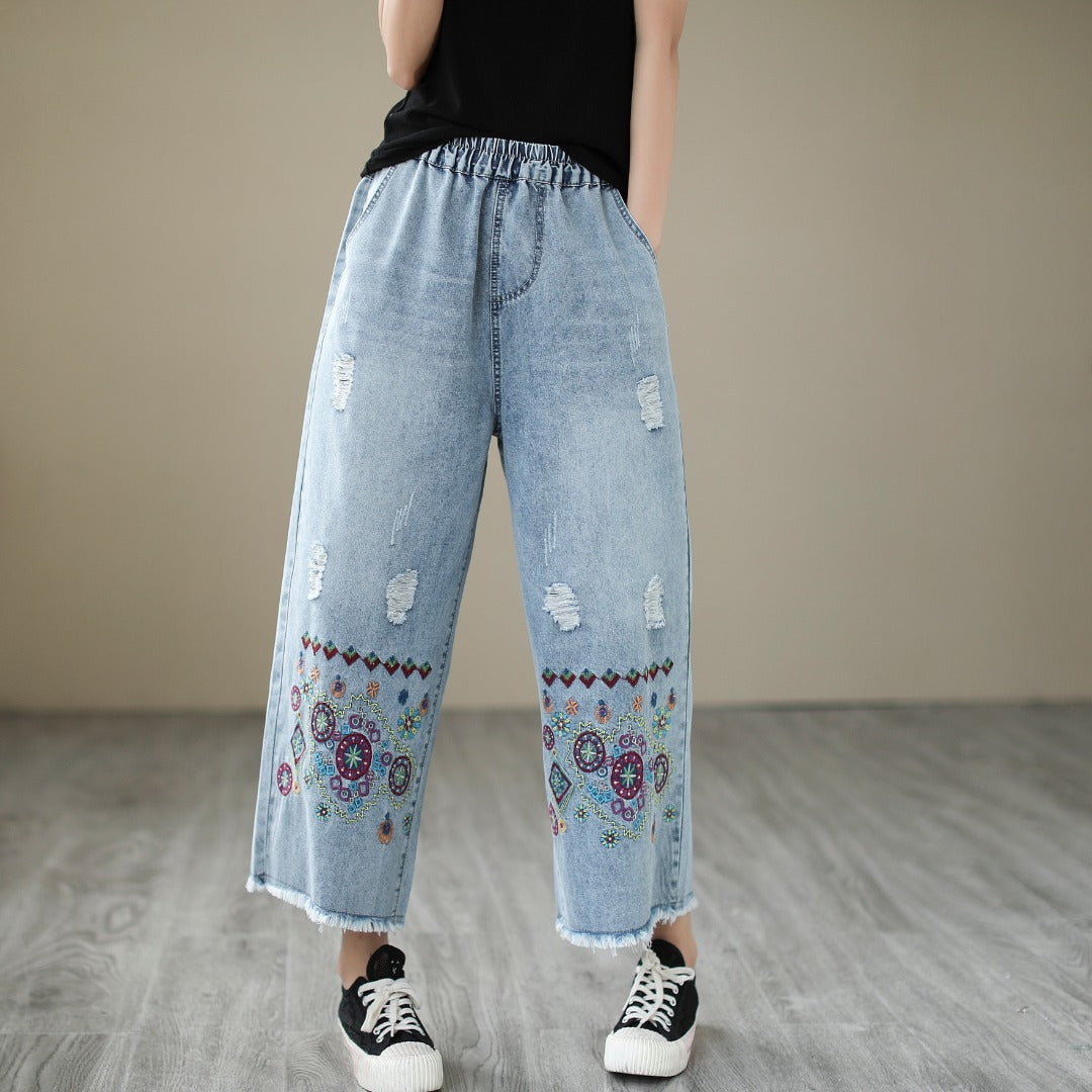 Embroidered Ripped Denim Straight Jeans