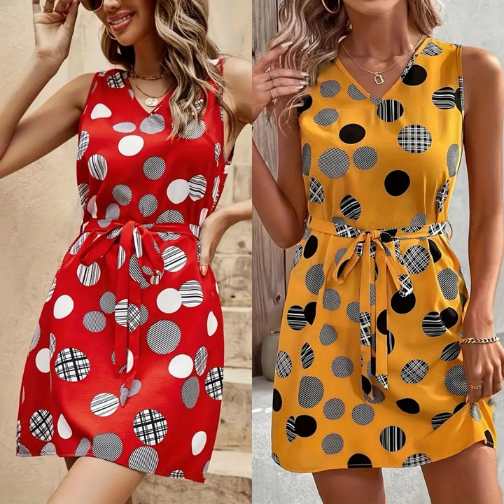 Retro Printed Lace Up Waist-tight V-neck Mid-length Dress Casual Style