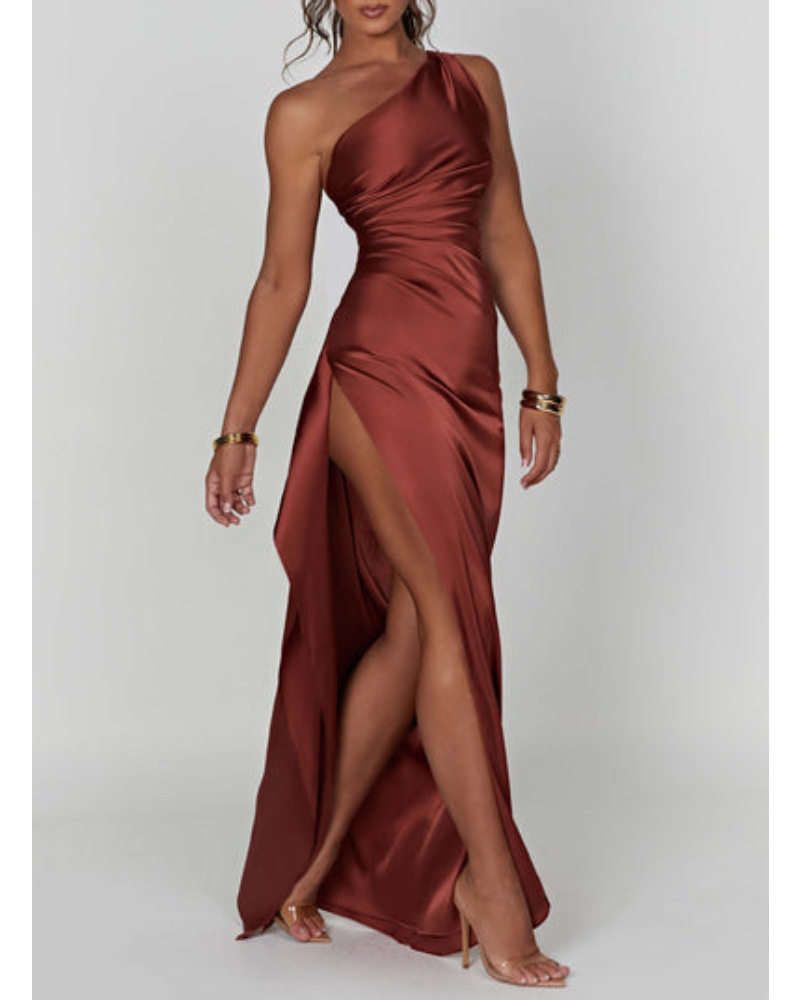 Satin Slant Shoulder Solid Color Backless Slim Fit Split Long Dress
