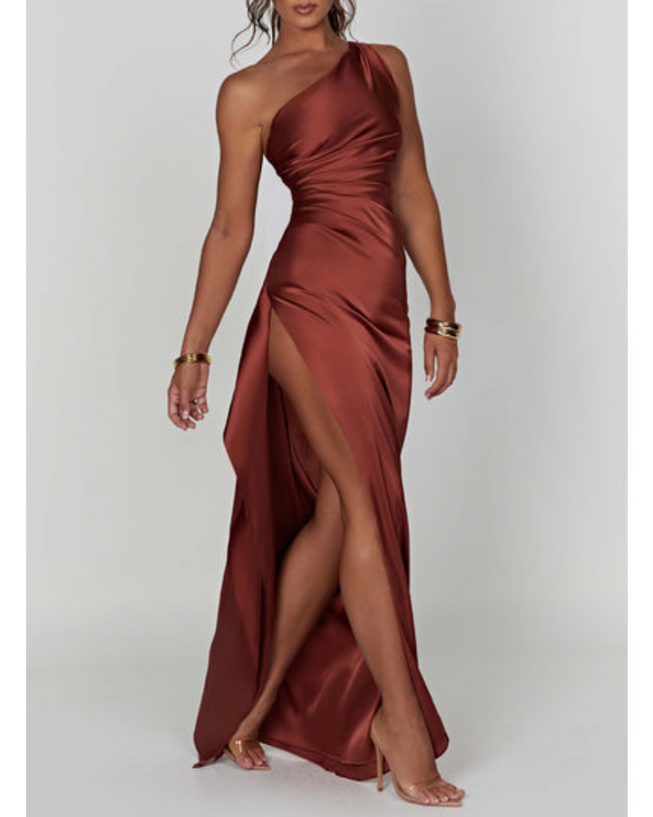 Satin Slant Shoulder Solid Color Backless Slim Fit Split Long Dress