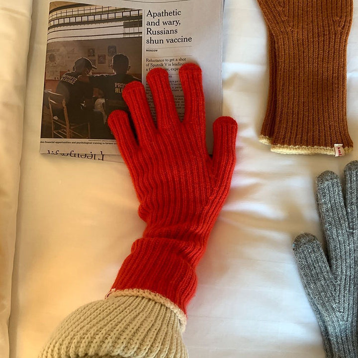 Knitted Contrast Color Wool Five-finger Gloves