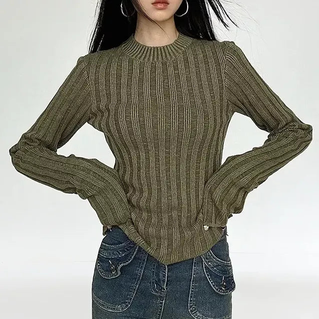 Chic Round Neck Long Sleeve Slim Fit Knitted Pullover