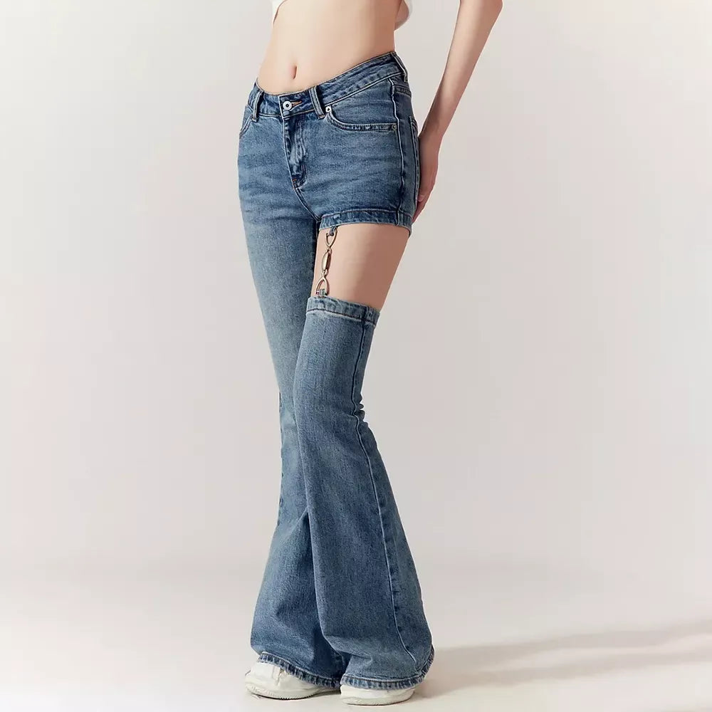 High Waist Hollow Out Chain Spliced Slim Flare Jeans