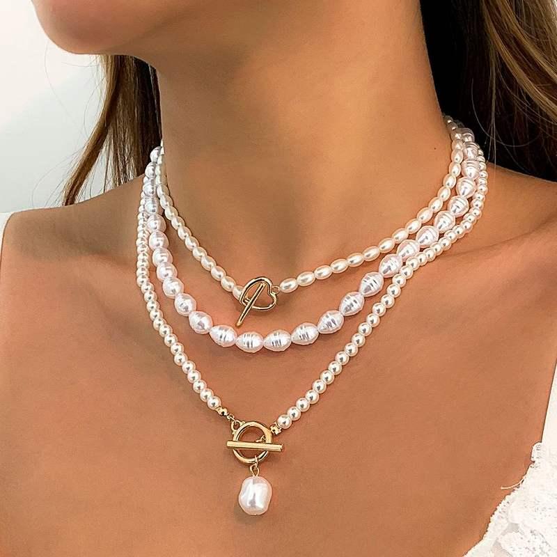 Layered Imitation-Pearl Necklace with Drop Pendant