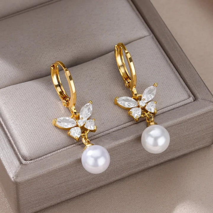 Butterfly Imitation Pearl Dangle Earrings - Trendy Stainless Steel Jewelry