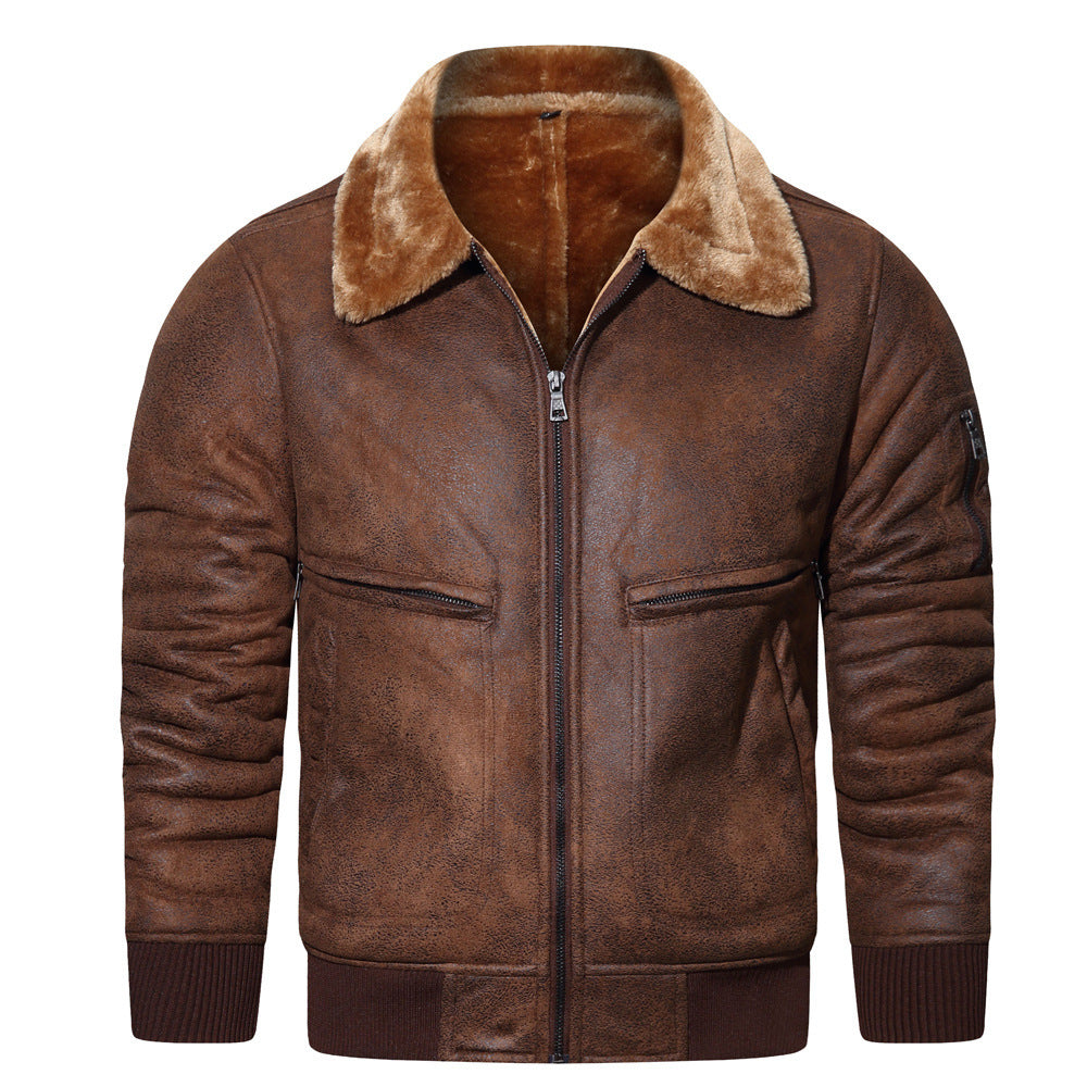 Men's Artificial-Leather Zip Jacket with Lapel Collar