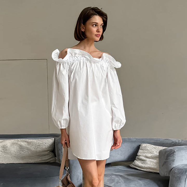 European And American White Off-the-shoulder Clothes Word Collar Dress