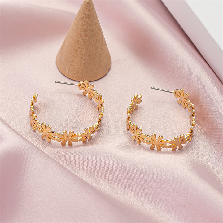 Golden Geometric C-Shaped Flower Drop Earrings for Women