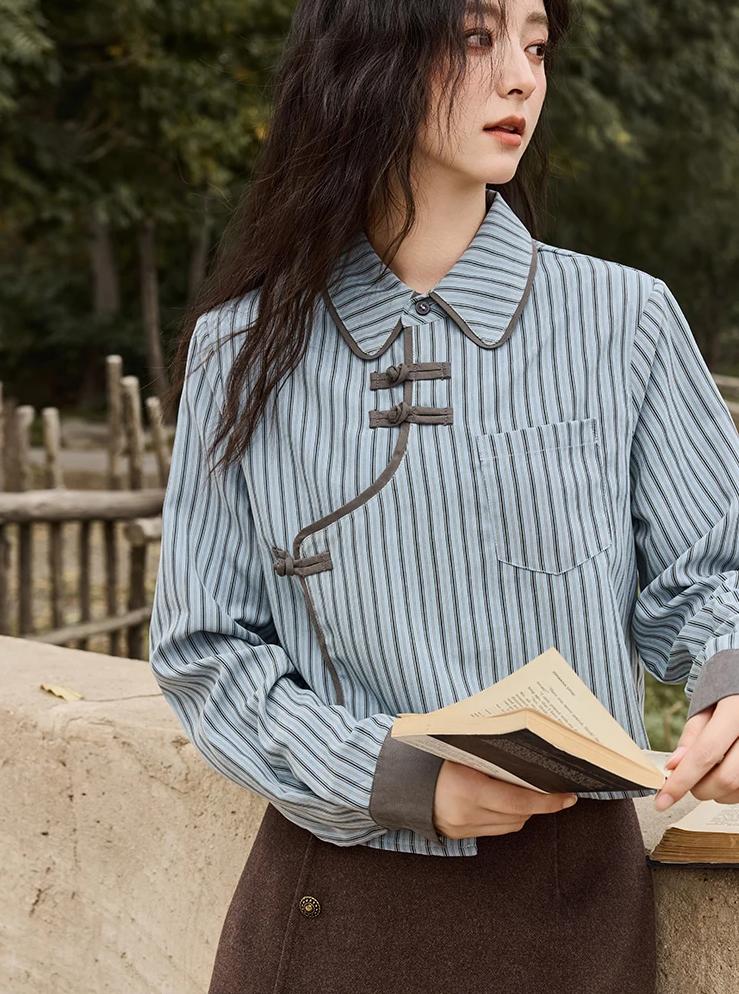 Blue-Grey Striped Patchwork Blouse