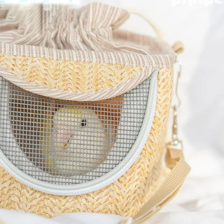 Portable Straw-Woven Parrot Backpack Cage