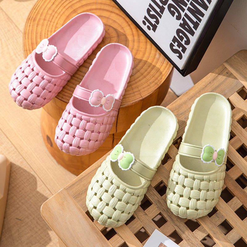 Baotou Slippers With Bow Braid Design Fashion Summer Beach Shoes Cute Dormitory Home Slippers For Women Students