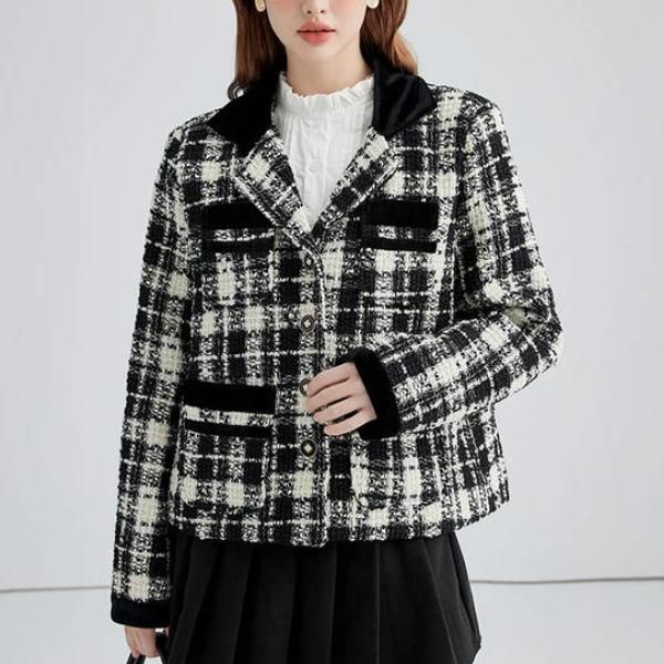 Chic Plaid Contrast Woolen Women's Short Jacket