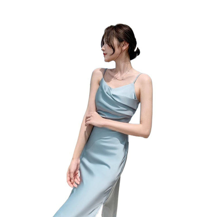 French Style Blue Sling Dress Women's Summer Satin