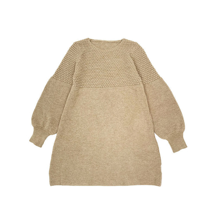 Casual Loose Lantern Sleeve High Waist A- Style Hemline Round Neck Knitted Dress Sweater