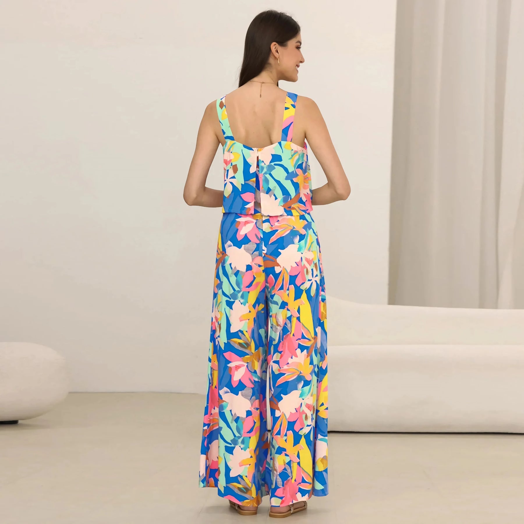 Chic Paisley Print Wide Leg Jumpsuit with Suspender Top Set - Women&