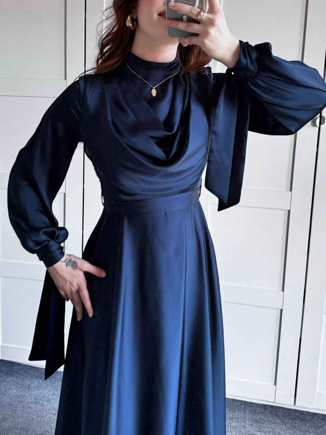 Satin Plunge Collar Long-Sleeve Strappy Maxi Dress