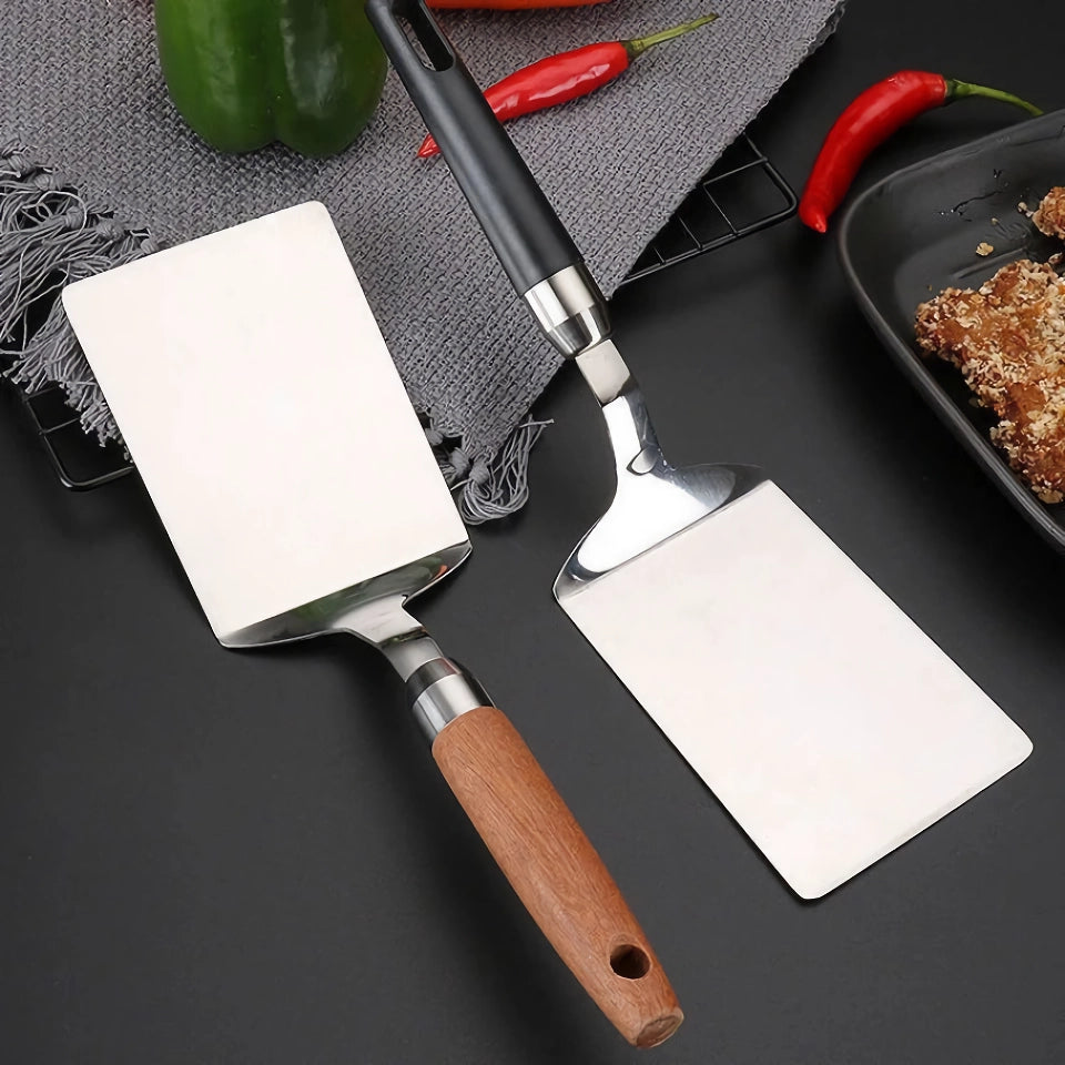 Stainless Steel Cooking Spatula with Wooden Handle - Teppanyaki, Pizza, Pancake, and BBQ Utensils